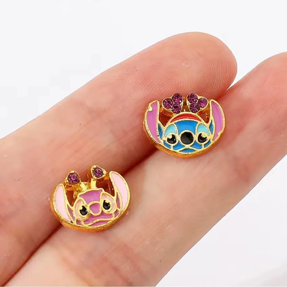 14K Gold Disney Stitch & Angel Stud Earrings Set Mismatch Asymmetrical Character